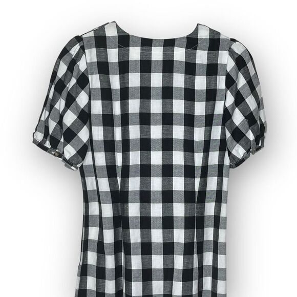 LOFT Gingham Plaid Linen Rayon Button Up Dress Black White V-Neck Women’s Size 2 - Picture 6 of 10
